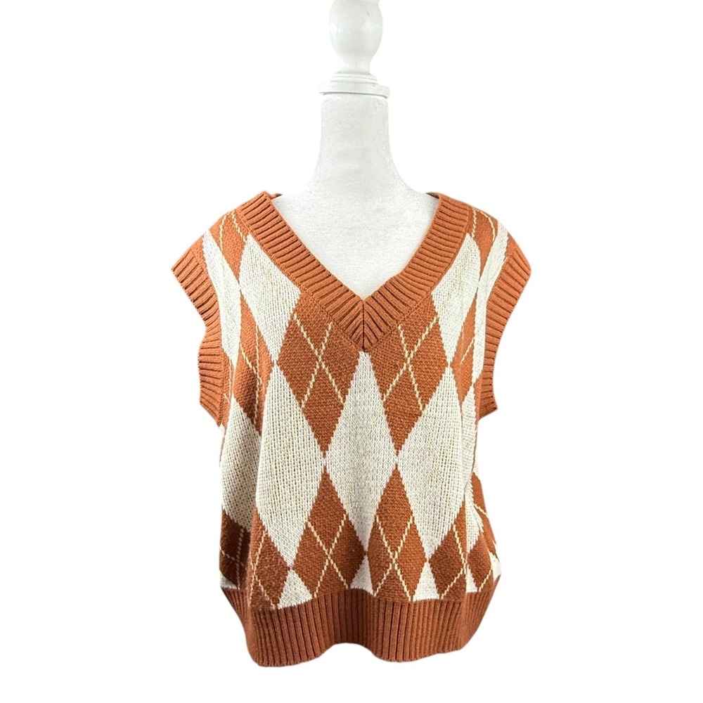 Sage The Label Sweater Vest Womens Medium Brown Argyle V Neck Preppy Knit